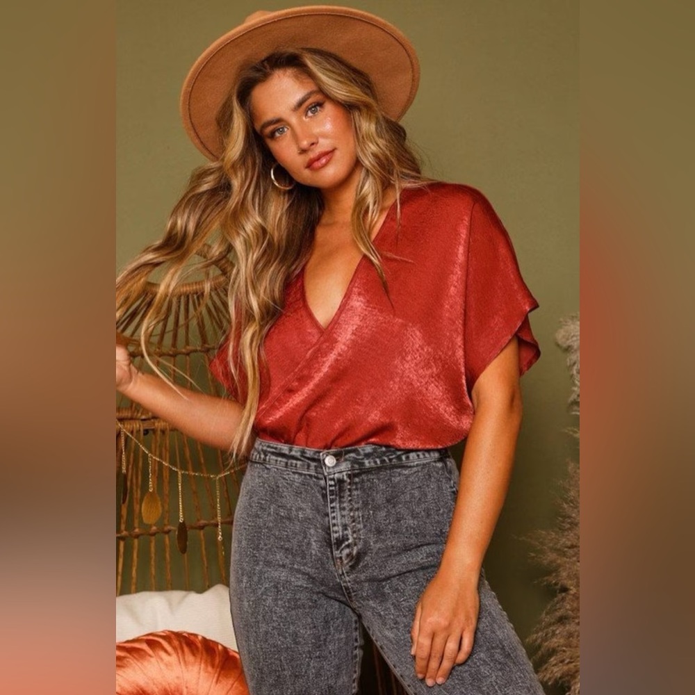 Brick Red Satin Surplice Bodysuit
